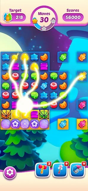 A jelly board mid-clear with the stage target, thirty moves left and the score along the top bar