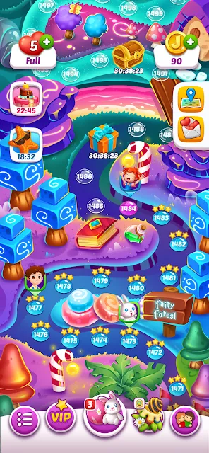 The level map, showing numbered stages winding across a candy landscape